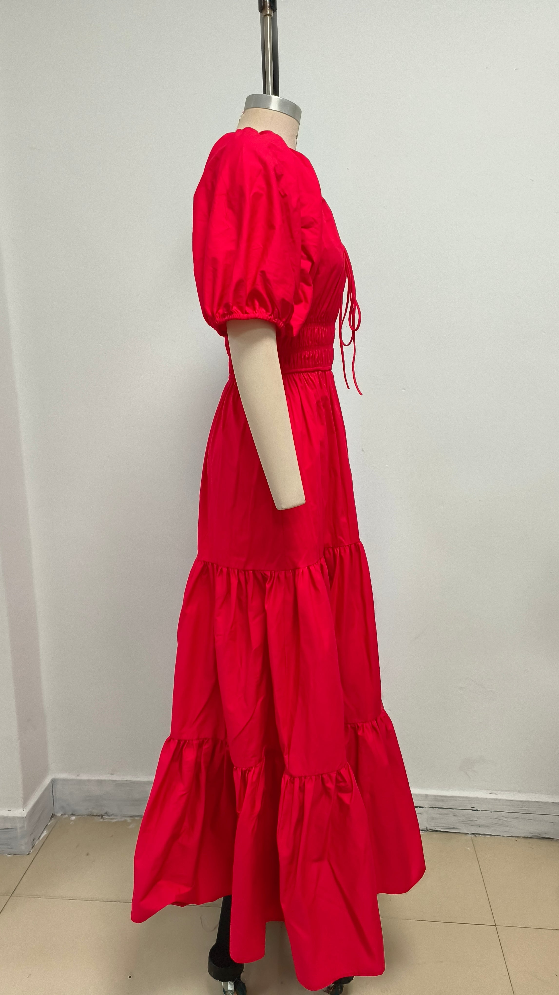 ABITO IN PURO COTONE CON COLLO A CRAVATTA E VITA ALTA ROSSO