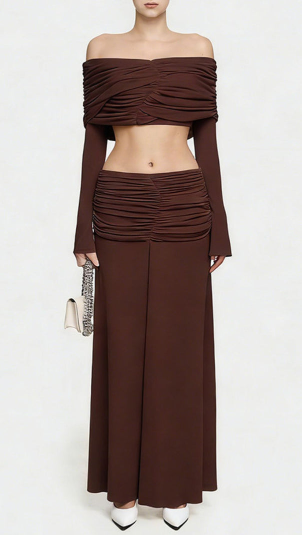 AIIZIE Jamuna Elegant Ruched Two-Piece Maxi Skirt Set - Off-Shoulder Crop Top - product image