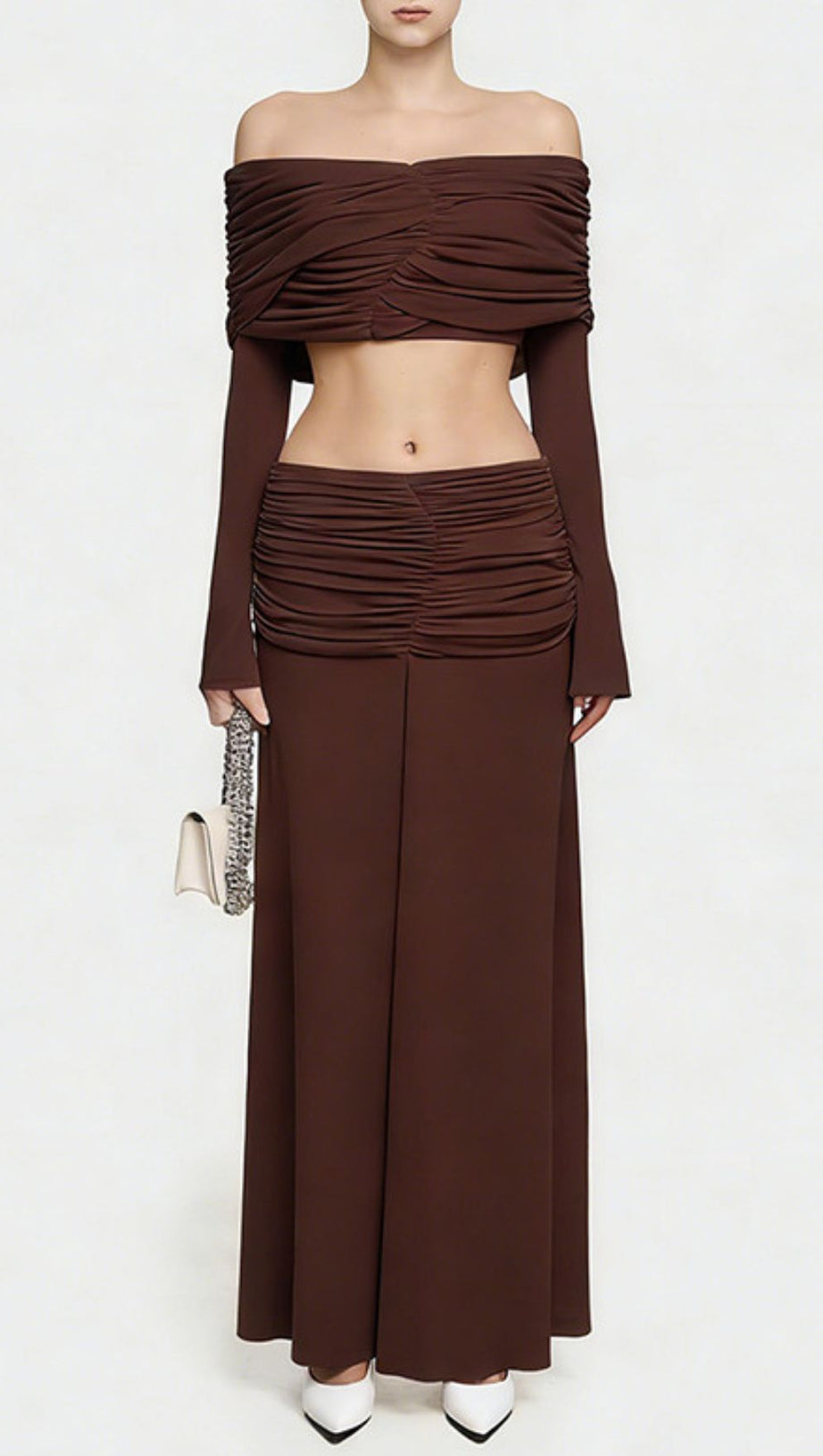 Jamuna Elegant Ruched Two-Piece Maxi Skirt Set - Off-Shoulder Crop Top