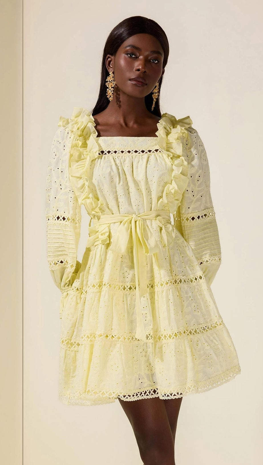 victoria Embroidered hollow Ruffle Mini Dress - yellow