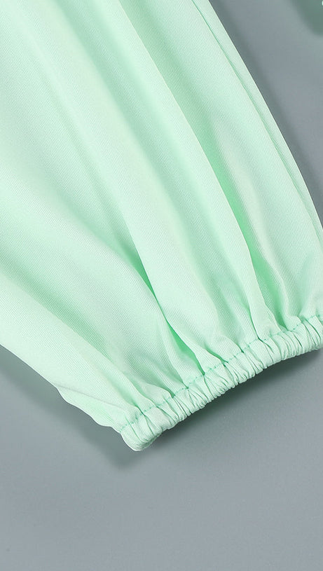 BERYL ONE SLEEVE CUTOUT RUCHED MAXI DRESS IN GREEN