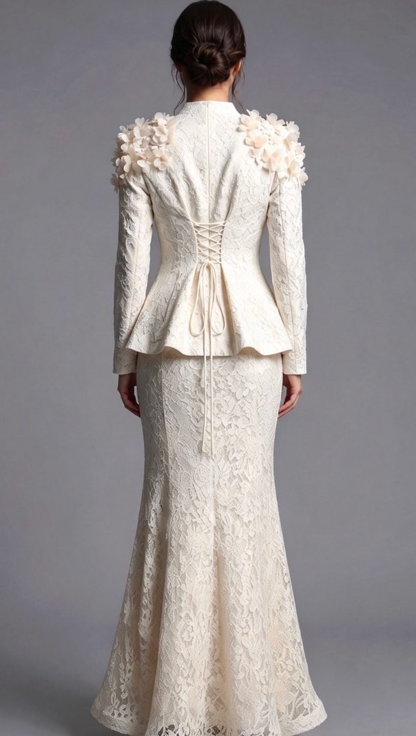Ivory Corded Floral Lace Two-Piece Skirt Suit