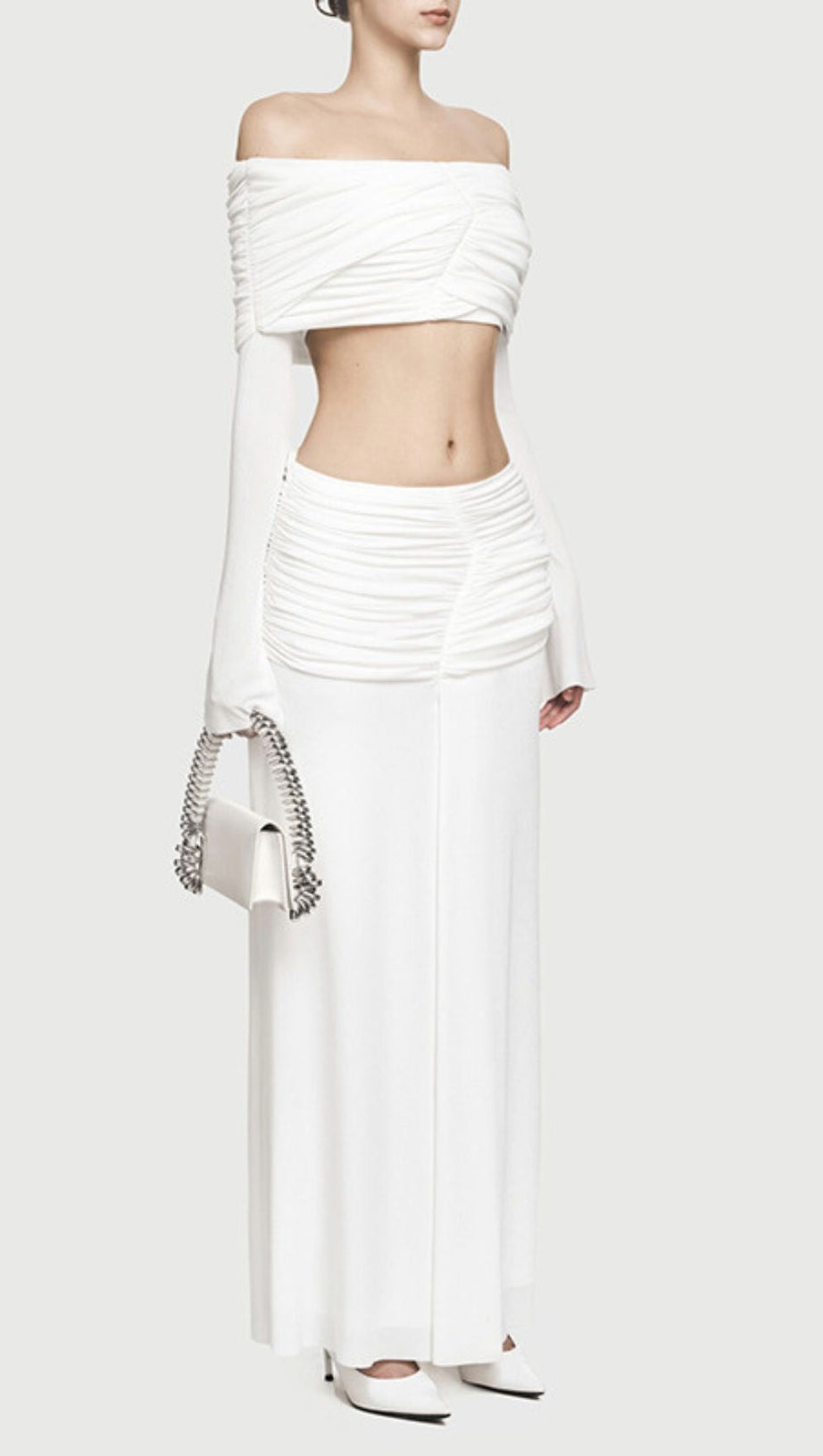 Jamuna Elegant Ruched Two-Piece Maxi Skirt Set - Off-Shoulder Crop Top