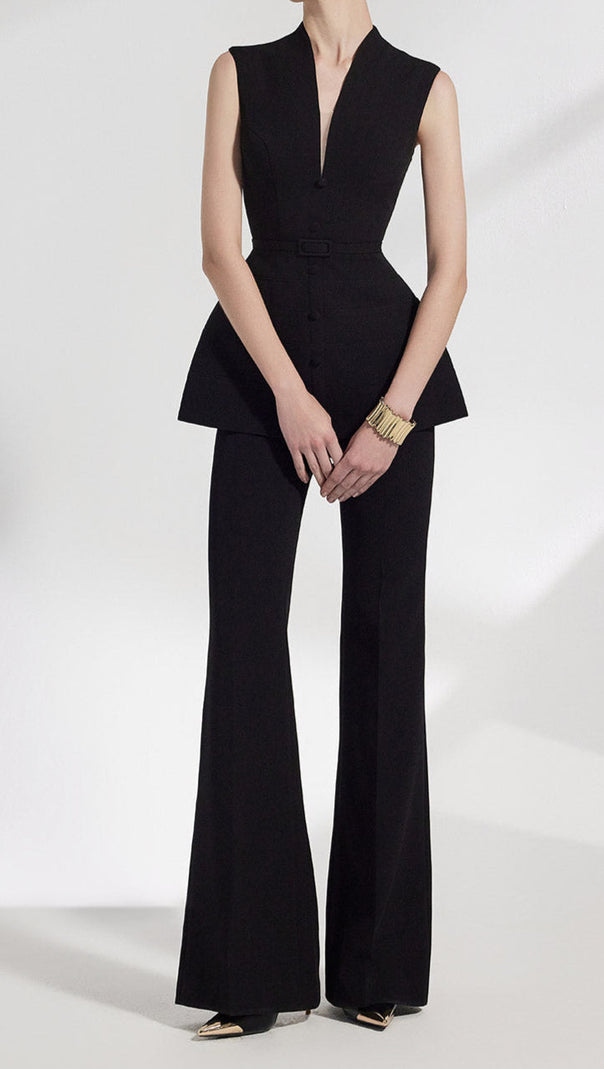 AIIZIE SLEEVELESS VEST FLARED WIDE-LEG PANTS SET IN BLACK - product image