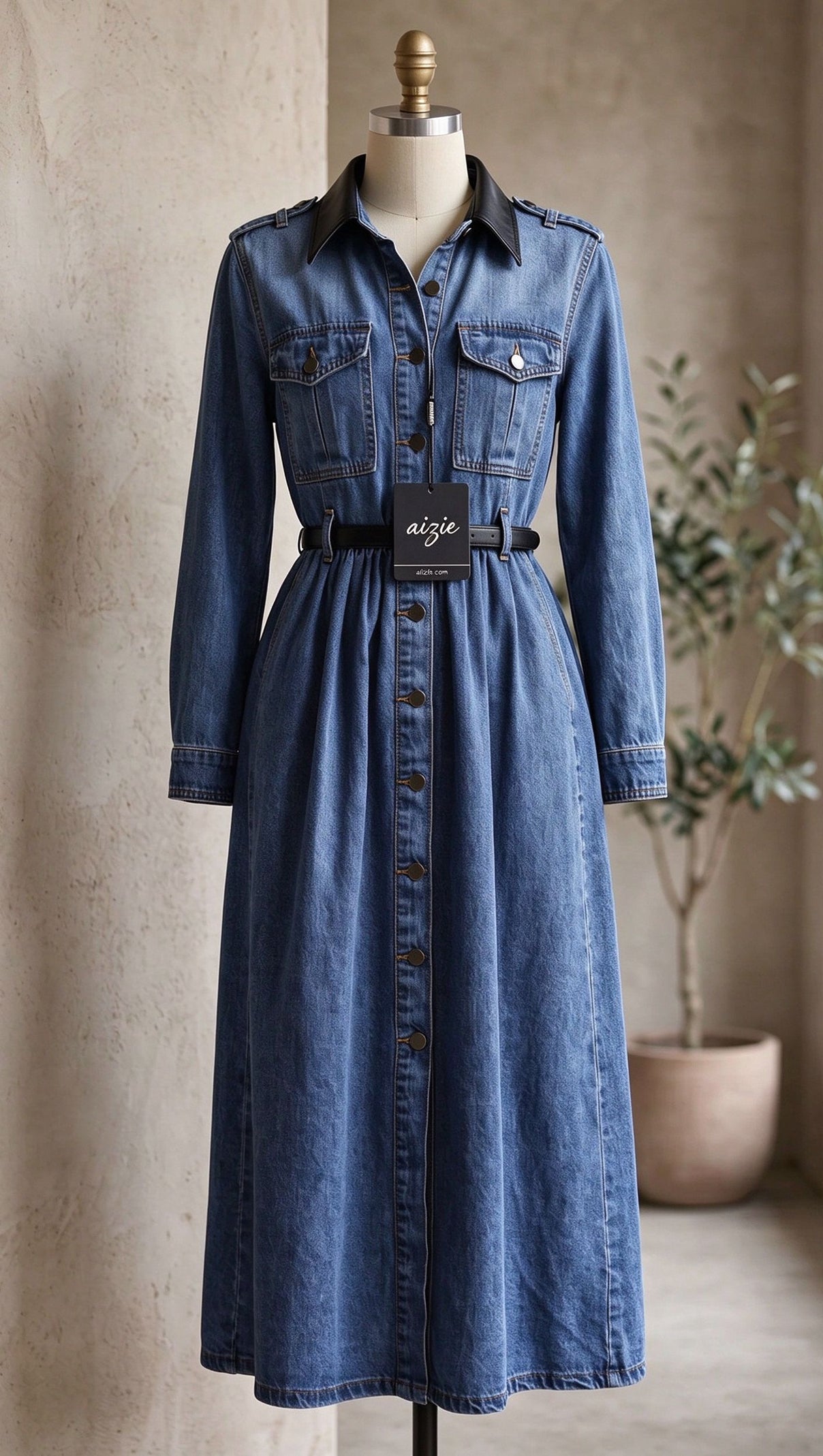Medium Blue Denim A-Line Shirt Dress with Contrast Collar