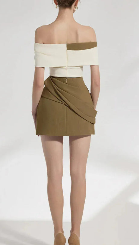 MARJORIE A-LINE PLEATED COTTON TWILL MINI DRESS IN KAHKI