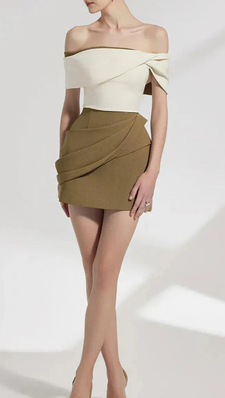 MARJORIE A-LINE PLEATED COTTON TWILL MINI DRESS IN KAHKI