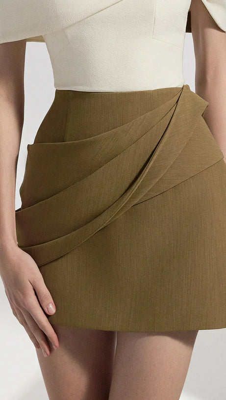 MARJORIE A-LINE PLEATED COTTON TWILL MINI DRESS IN KAHKI