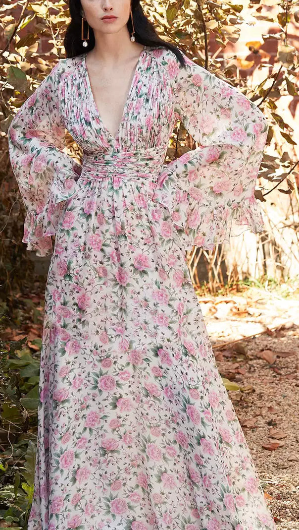 AIIZIE FLORAL PRINT V - NECK MAXI DRESS WITH BELL SLEEVES - product image