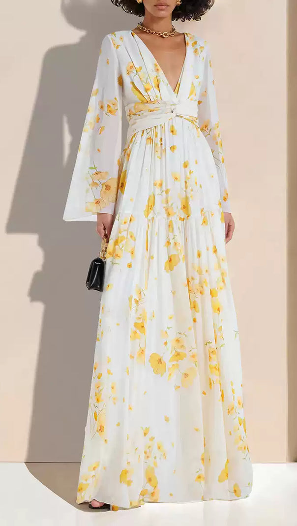 AIIZIE YELLOW FLORAL PRINT WRAP V - NECK MAXI DRESS WITH BELL SLEEVES - product image