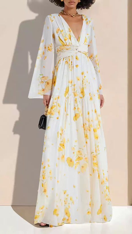 YELLOW FLORAL PRINT WRAP V - NECK MAXI DRESS WITH BELL SLEEVES