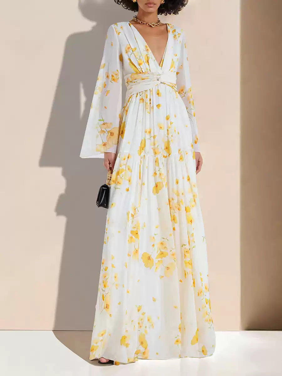 YELLOW FLORAL PRINT WRAP V - NECK MAXI DRESS WITH BELL SLEEVES