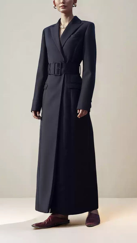 ELEGANT BLACK BELTED MAXI COAT