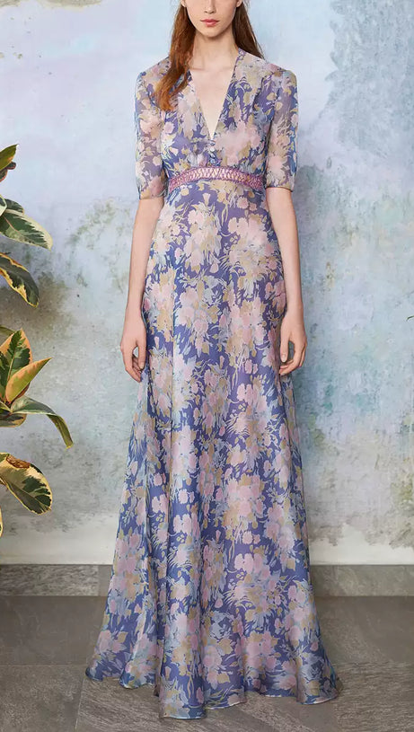 ELEGANT FLORAL PURPLE MAXI DRESS WITH V - NECK AND LACE BELT