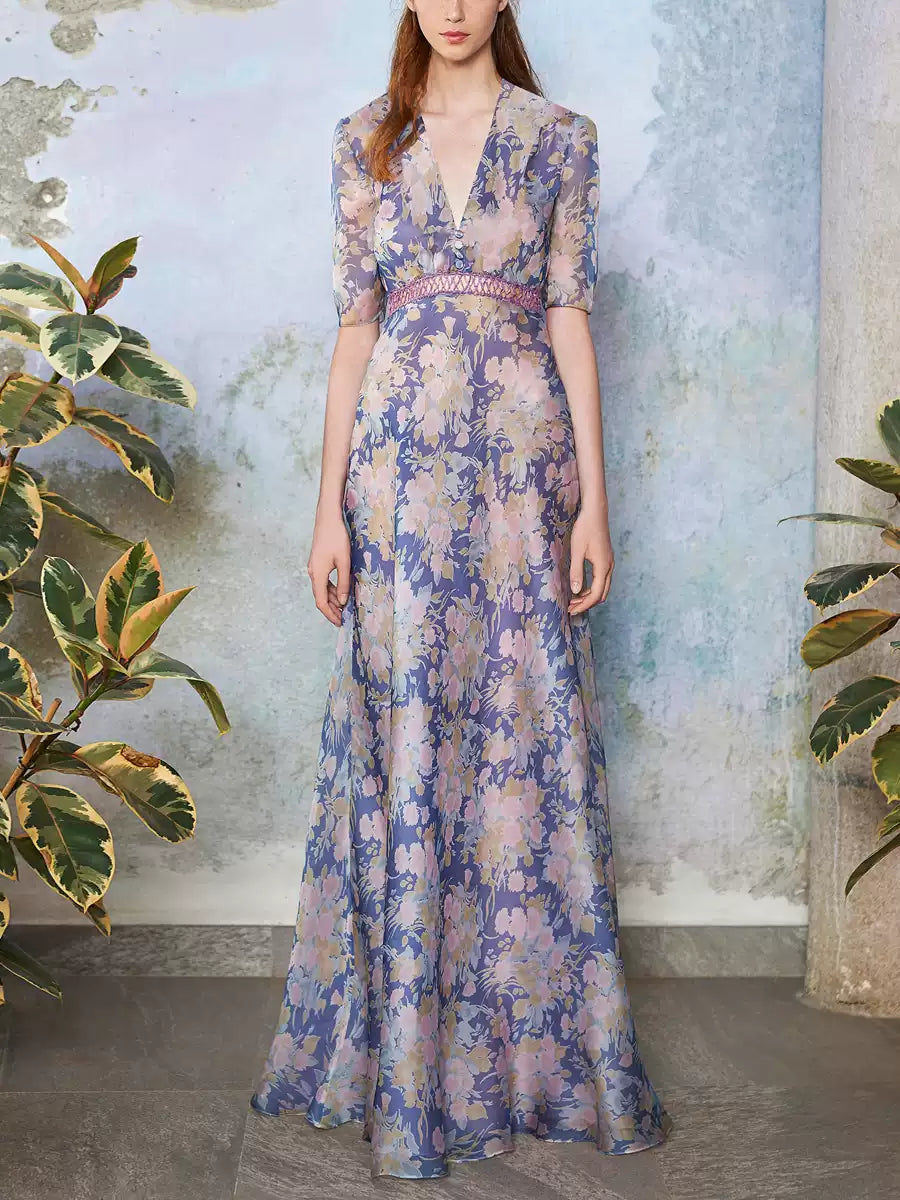 ELEGANT FLORAL PURPLE MAXI DRESS WITH V - NECK AND LACE BELT