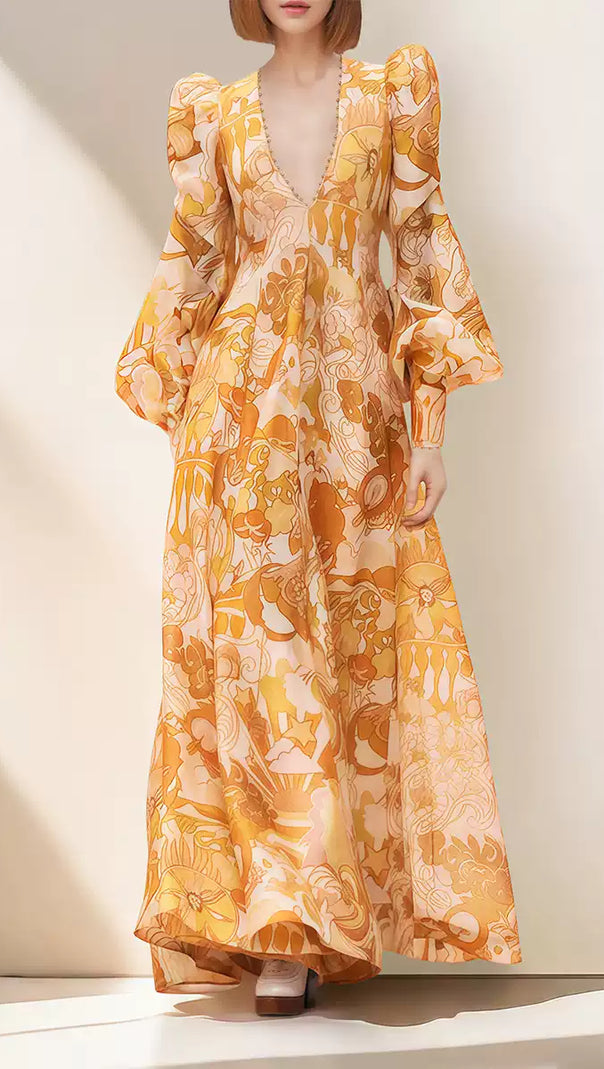 AIIZIE ORANGE PRINT SHEER SLEEVE V - NECK MIDI DRESS - product image