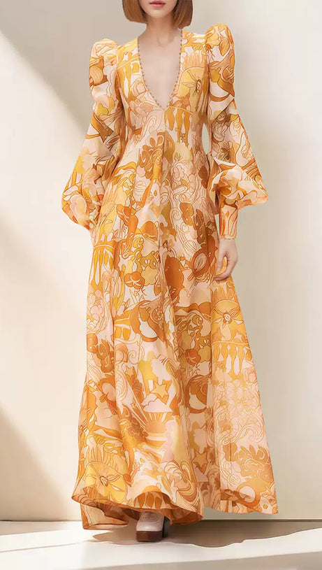 ORANGE PRINT SHEER SLEEVE V - NECK MIDI DRESS