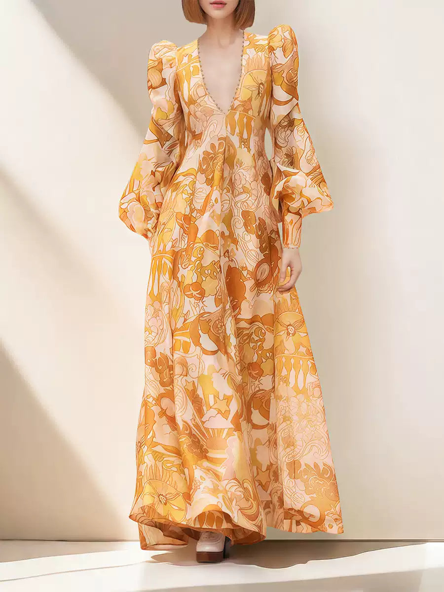ORANGE PRINT SHEER SLEEVE V - NECK MIDI DRESS