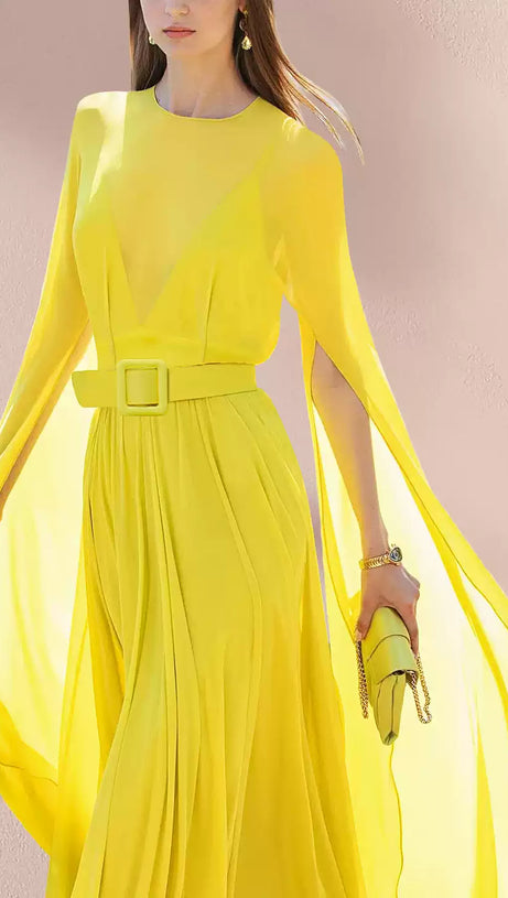 YELLOW SHEER - SLEEVED BELTED MAXI DRESS