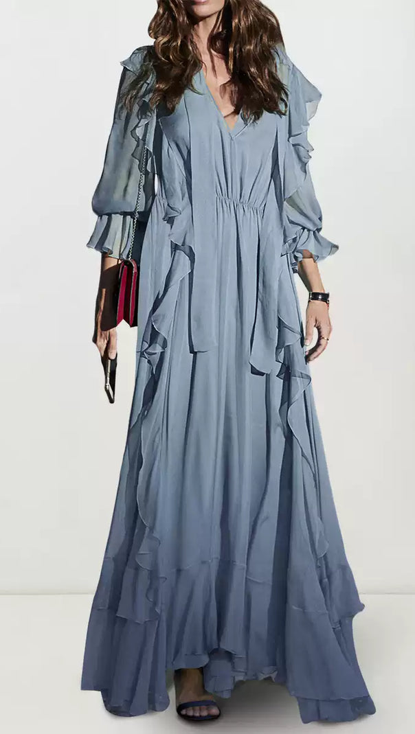 AIIZIE LIGHT BLUE CHIFFON RUFFLE MAXI DRESS WITH BELT - product image