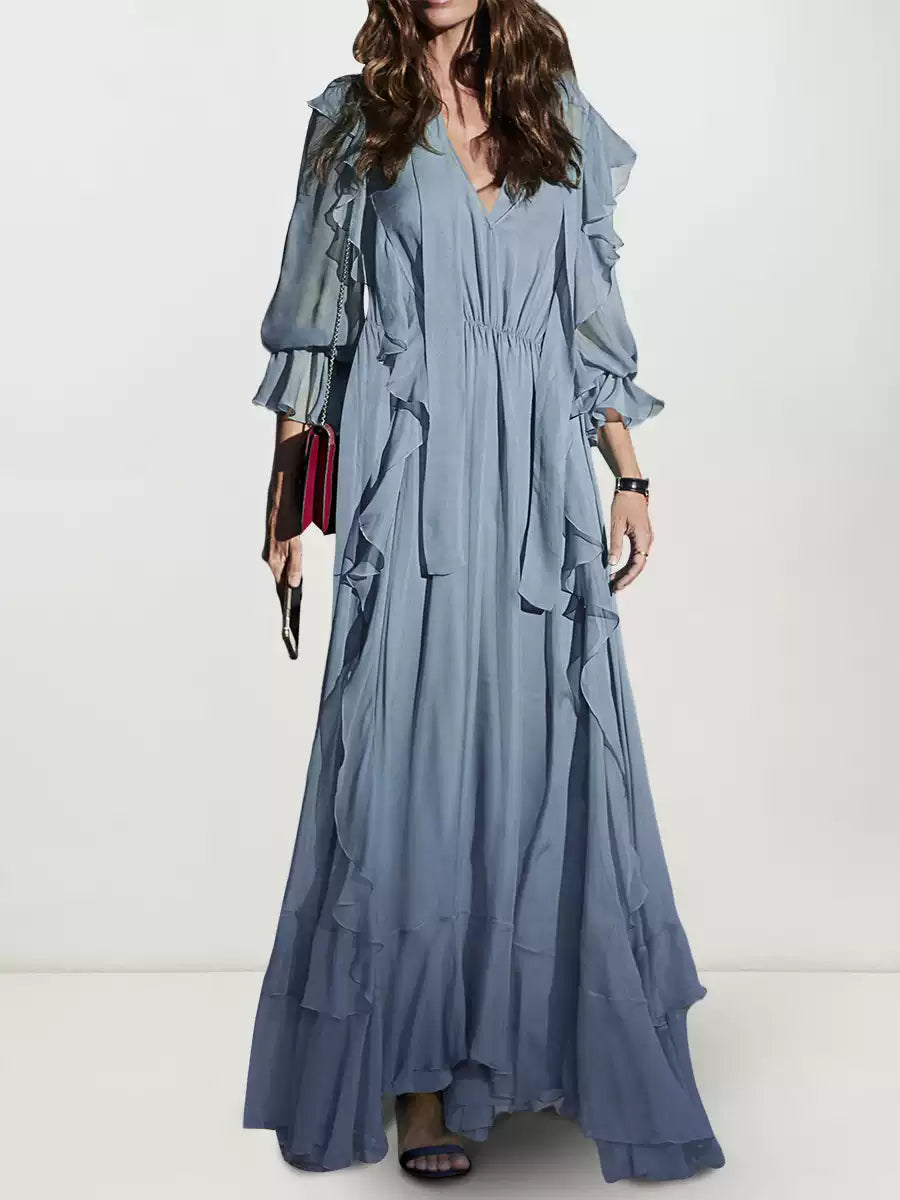 LIGHT BLUE CHIFFON RUFFLE MAXI DRESS WITH BELT