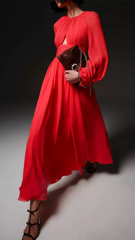 RED CHIFFON MAXI DRESS WITH SHEER SLEEVES AND CUTOUT