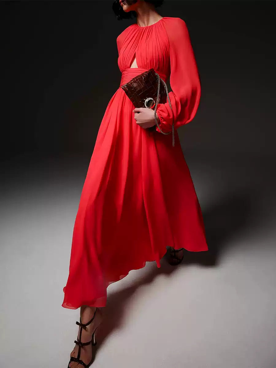 Rotes Chiffon-Maxikleid mit transparenten Ärmeln und Ausschnitt 