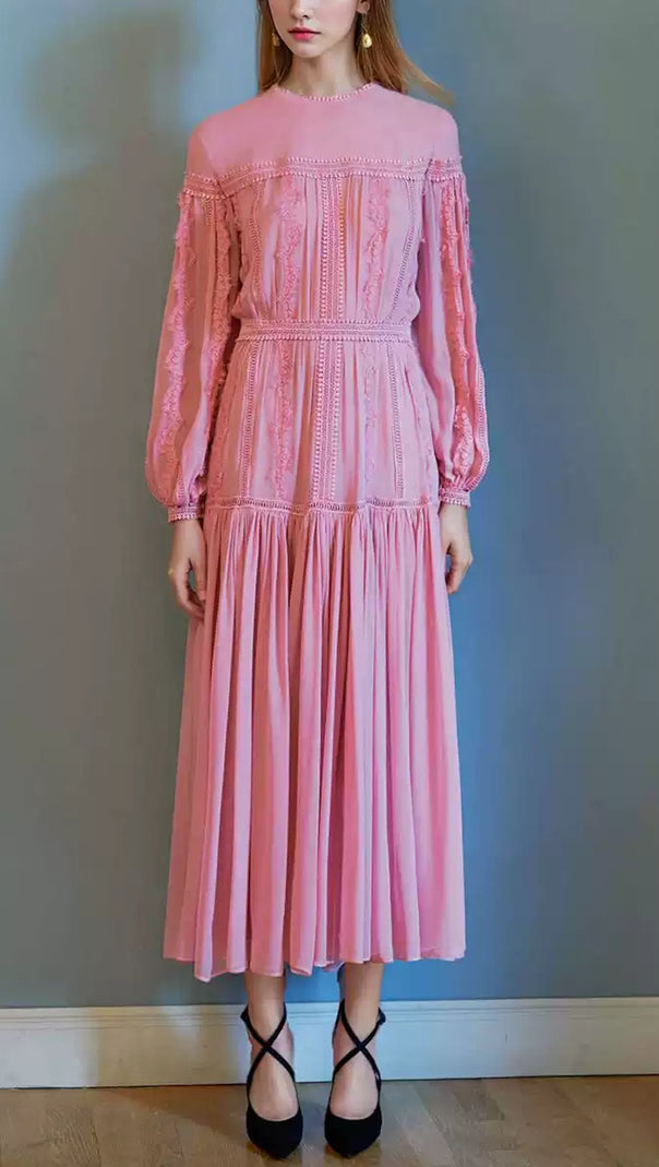 AIIZIE ELEGANT PINK CHIFFON MAXI DRESS WITH LACE DETAILING - product image