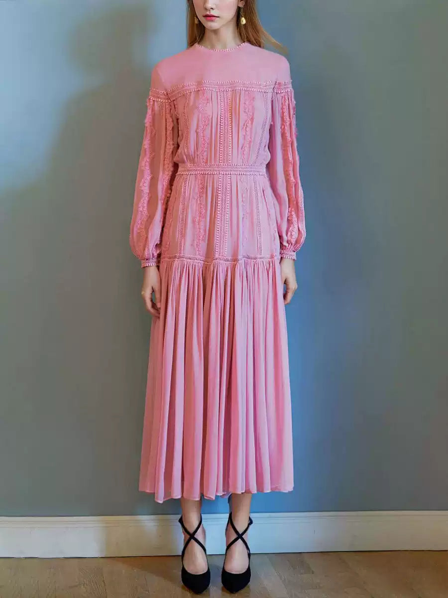 ELEGANT PINK CHIFFON MAXI DRESS WITH LACE DETAILING