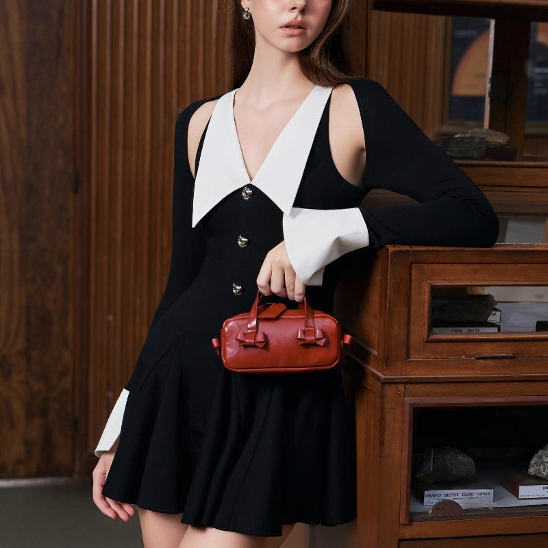 TWO-TONE HOLLOW HALTER MINI DRESS