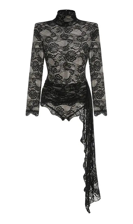 ZANNA BLACK HIGH NECK EMBROIDERED LACE BODYSUIT
