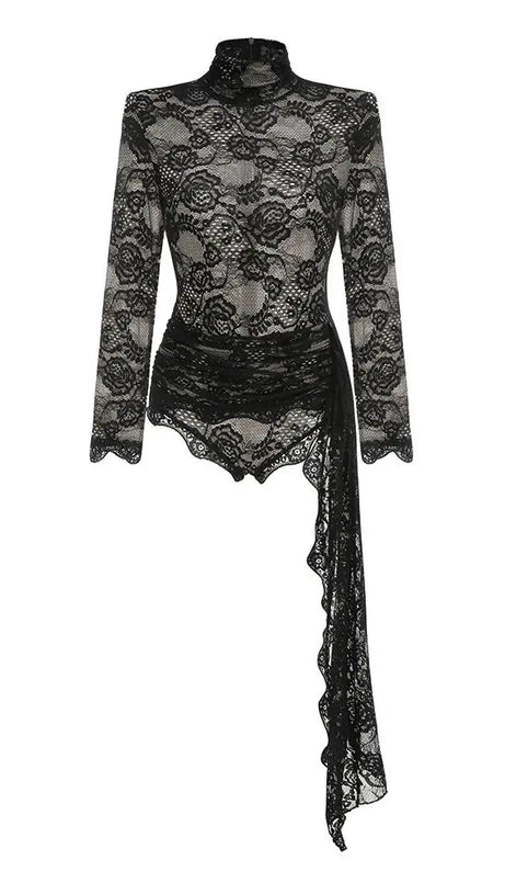 ZANNA BLACK HIGH NECK EMBROIDERED LACE BODYSUIT