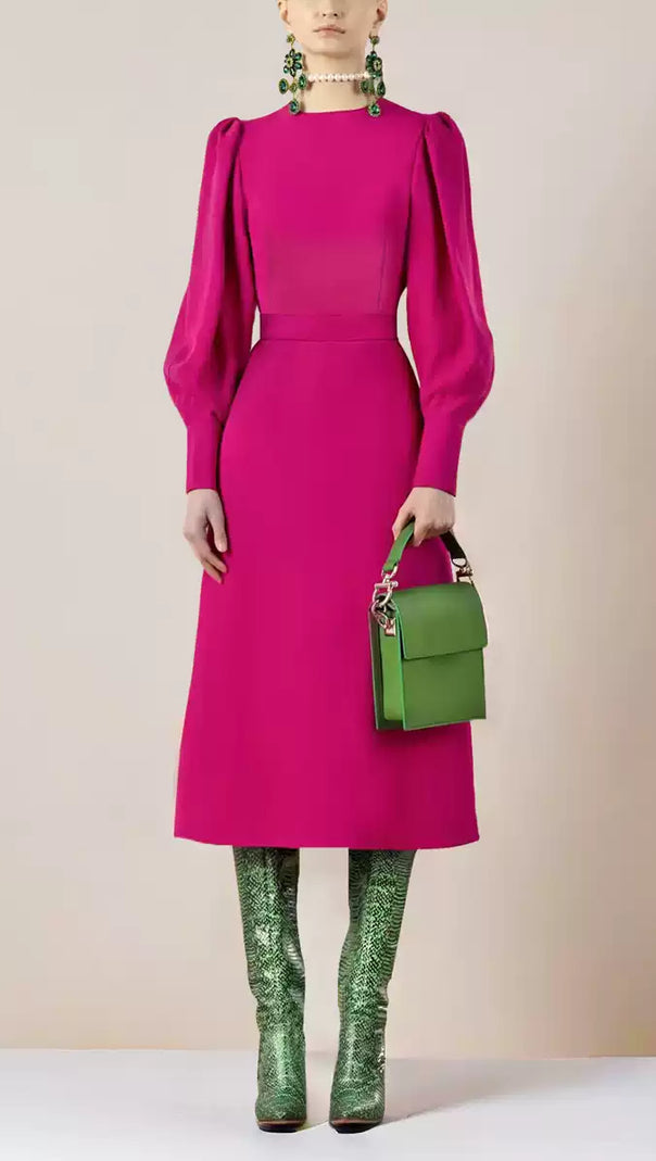 AIIZIE FUCHSIA PUFF SLEEVE MIDI DRESS WITH WAISTBAND - product image