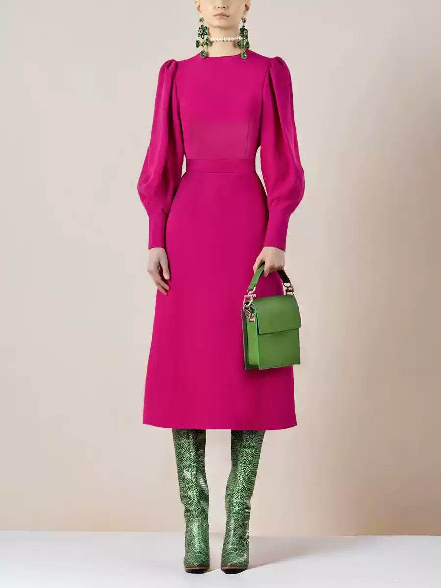 FUCHSIA PUFF SLEEVE MIDI DRESS WITH WAISTBAND