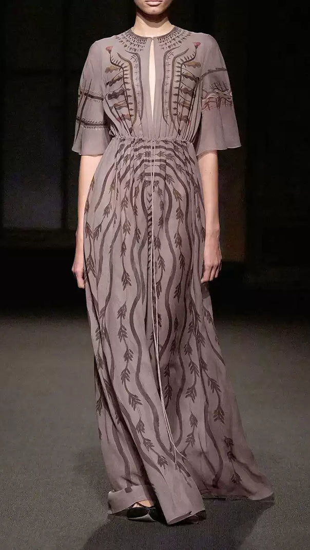AIIZIE LILAC PRINTED MAXI DRESS WITH TIE - WAIST AND FLARED SLEEVES - product image