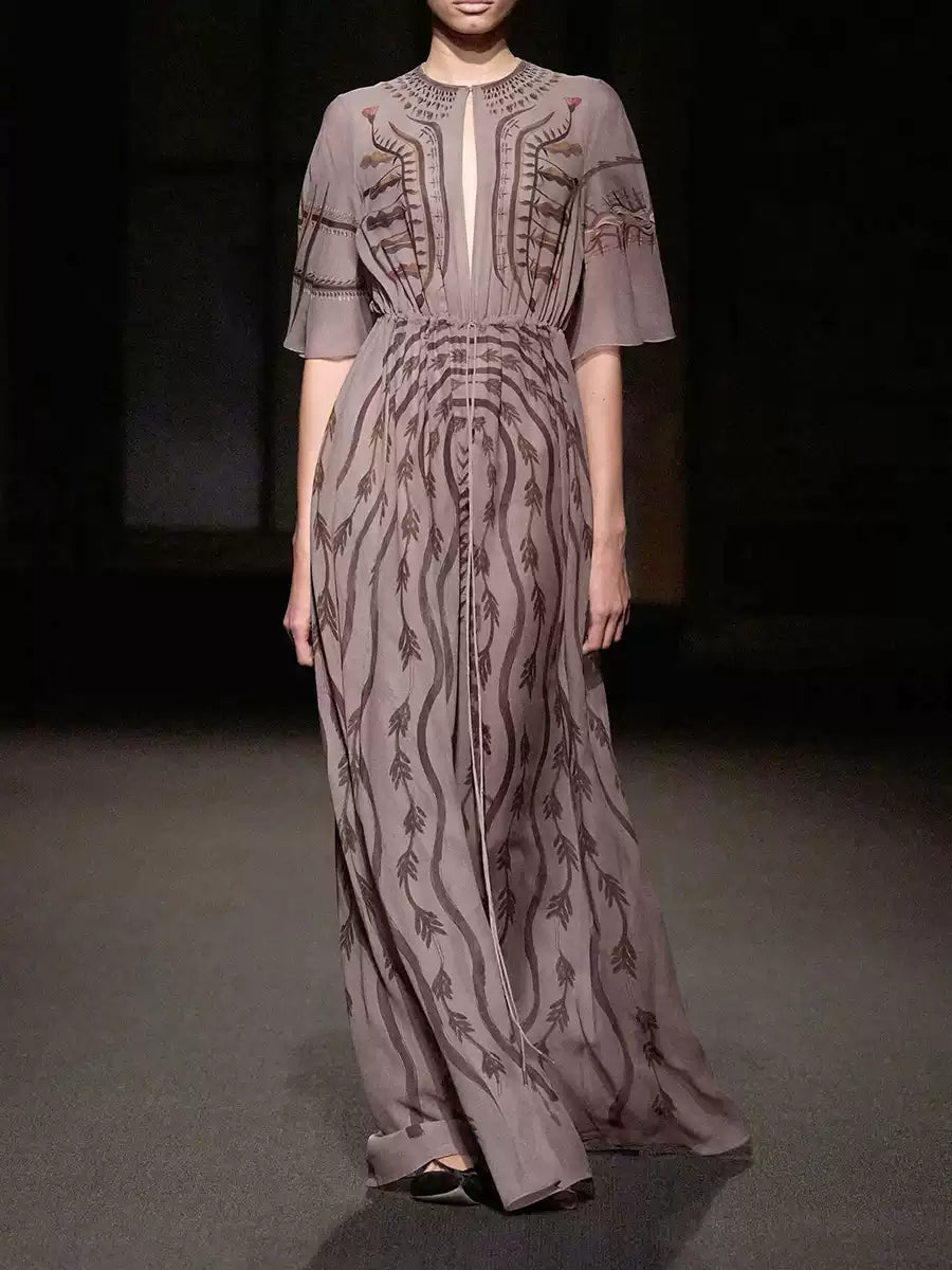 LILAC PRINTED MAXI DRESS WITH TIE - WAIST AND FLARED SLEEVES