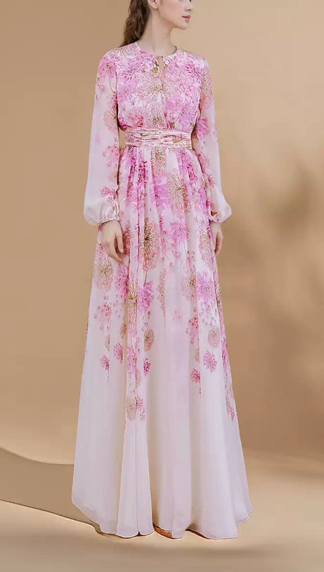 PINK FLORAL CHIFFON MAXI DRESS WITH SHEER SLEEVES