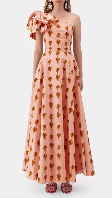PINK ONE - SHOULDER FLORAL PRINT MIDI DRESS WITH BOW DETAIL