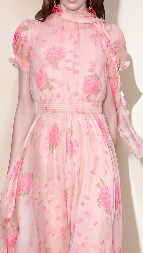 PINK FLORAL CHIFFON MAXI DRESS WITH BOW NECKLINE