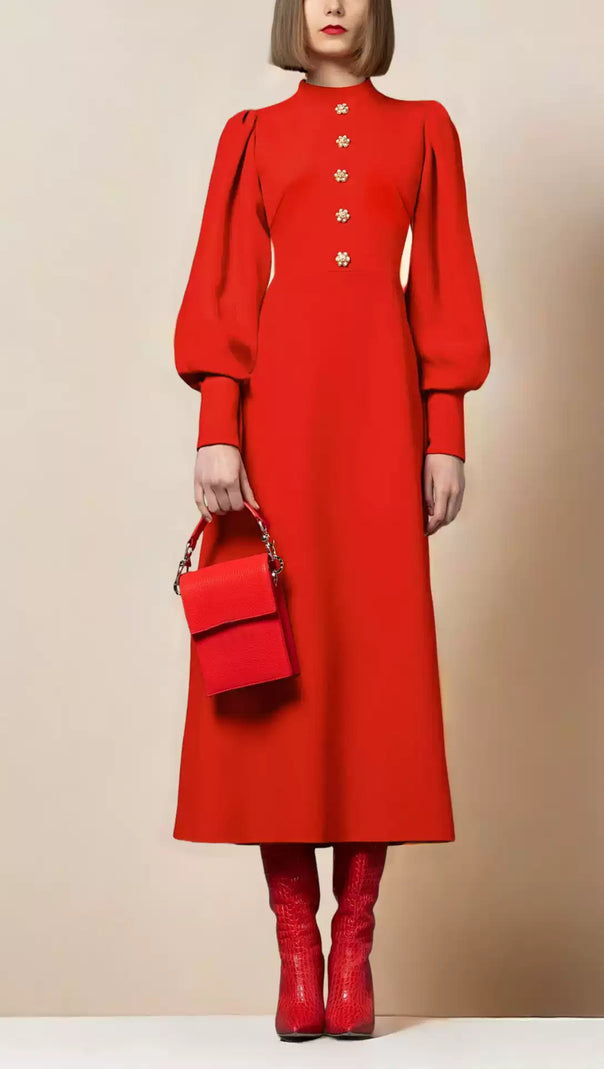 AIIZIE RED MOCK - NECK MIDI DRESS WITH PUFF SLEEVES AND BUTTON DETAIL - product image