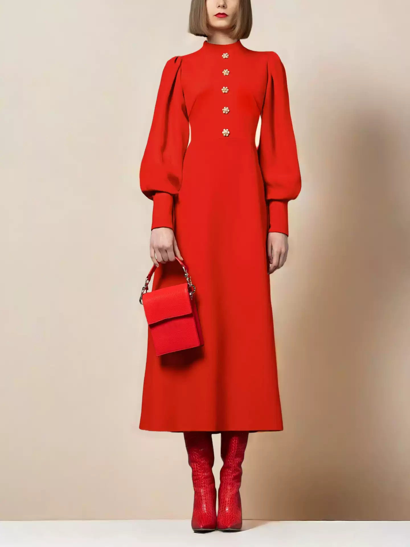 RED MOCK - NECK MIDI DRESS WITH PUFF SLEEVES AND BUTTON DETAIL