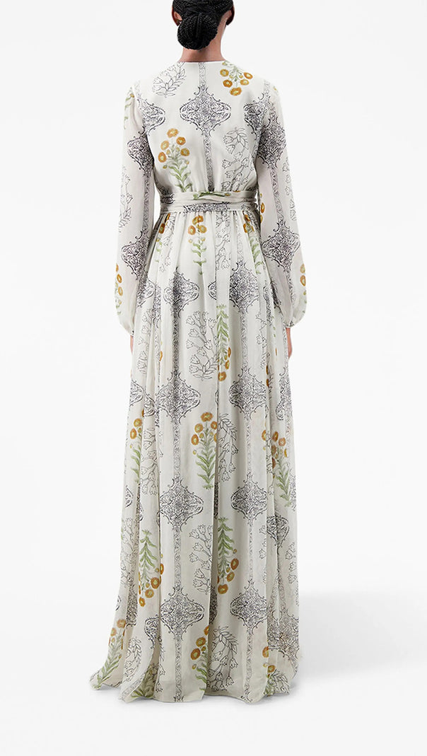 AIIZIE WHITE HIGH - WAIST SLIM FLORAL PRINTED LONG - SLEEVE MAXI FLARED DRESS - product image