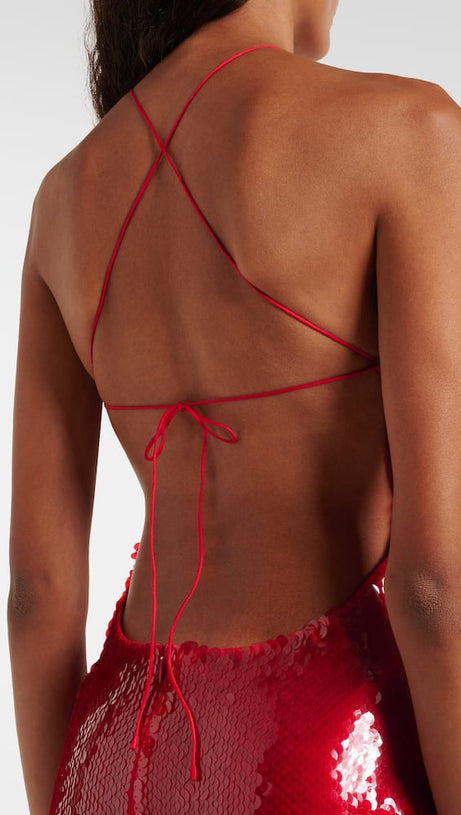 CINWA FLORAL APPLIQUÉ HALTER SEQUIN MINI DRESS IN RED