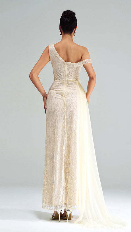 SPAGHETTI STRAP APPLIQUED FLORAL SPLIT MAXI DRESS