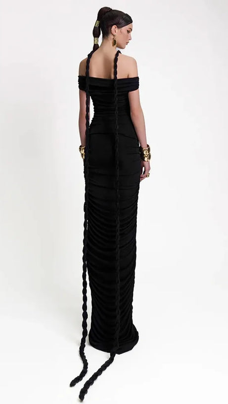 CARA BLACK OFF-SHOULDER RUCHED BODYCON MAXI DRESS WITH ROPE EMBELLISHED