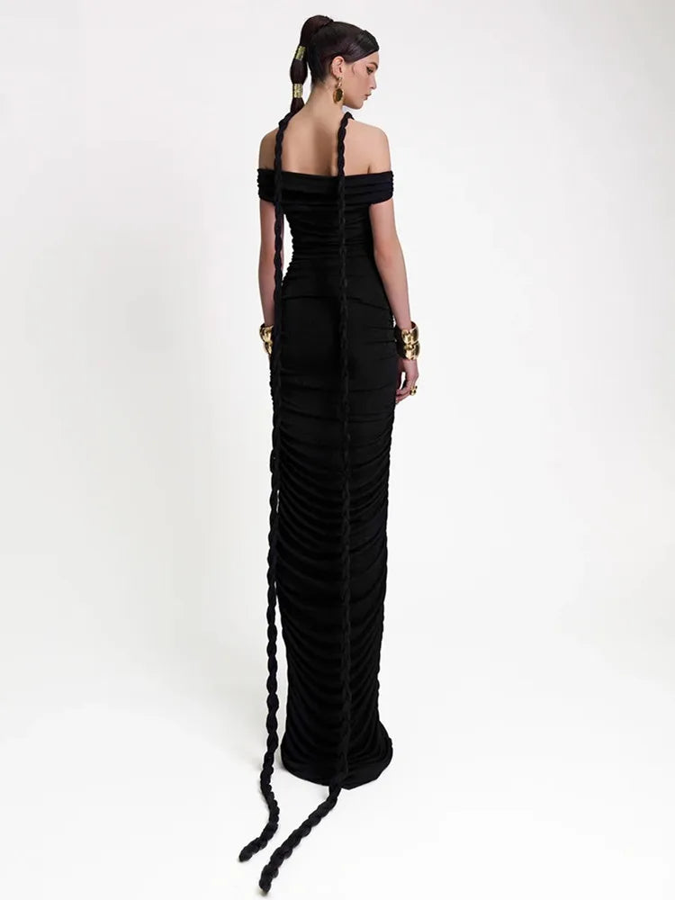 AIIZIE CARA BLACK OFF-SHOULDER RUCHED BODYCON MAXI DRESS WITH ROPE EMBELLISHED - product image