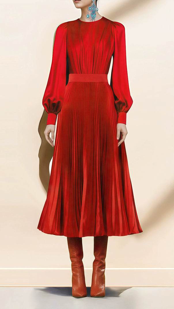 AIIZIE RED PLEATED MIDI DRESS WITH PUFF SLEEVES AND WAISTBAND - product image