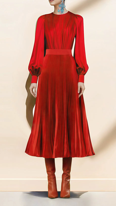 Rotes plissiertes Midikleid mit Puffärmeln und Bund 