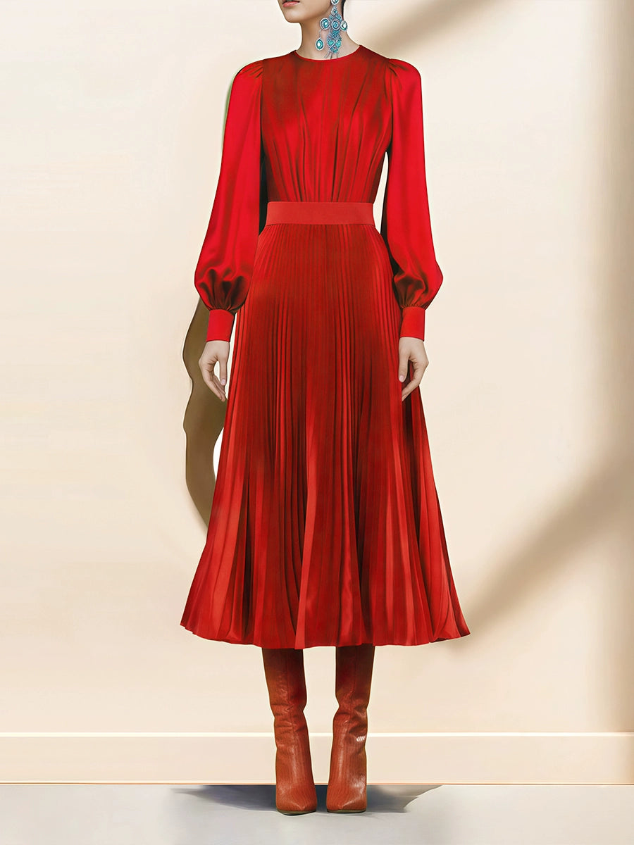 RED PLEATED MIDI DRESS WITH PUFF SLEEVES AND WAISTBAND