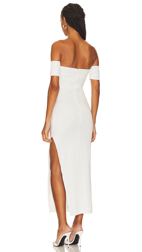 PLEATED OFF-SHOULDER CUTOUT MIDI DRESS IN WHITE